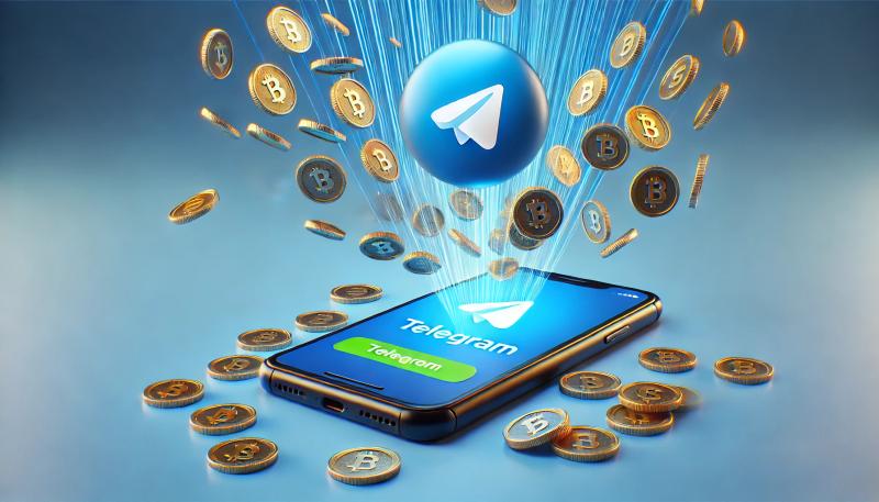 Mobile phone displaying the Telegram app on a blue background with coins flying out from the phone into the air